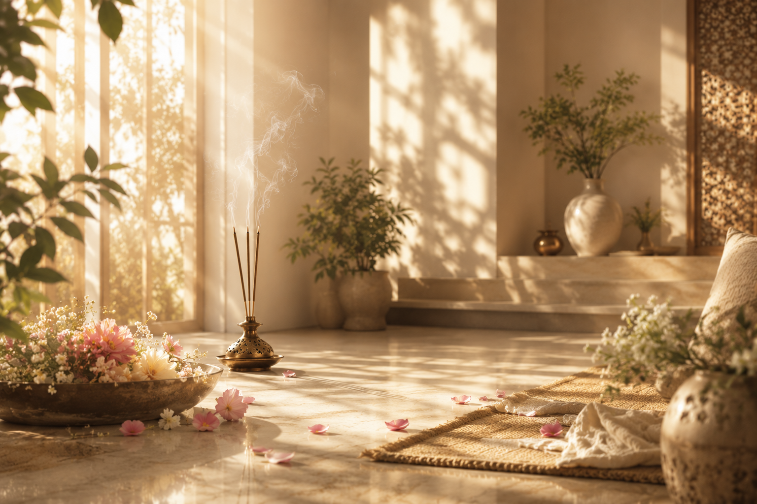 A serene morning puja setting with incense burning in warm light